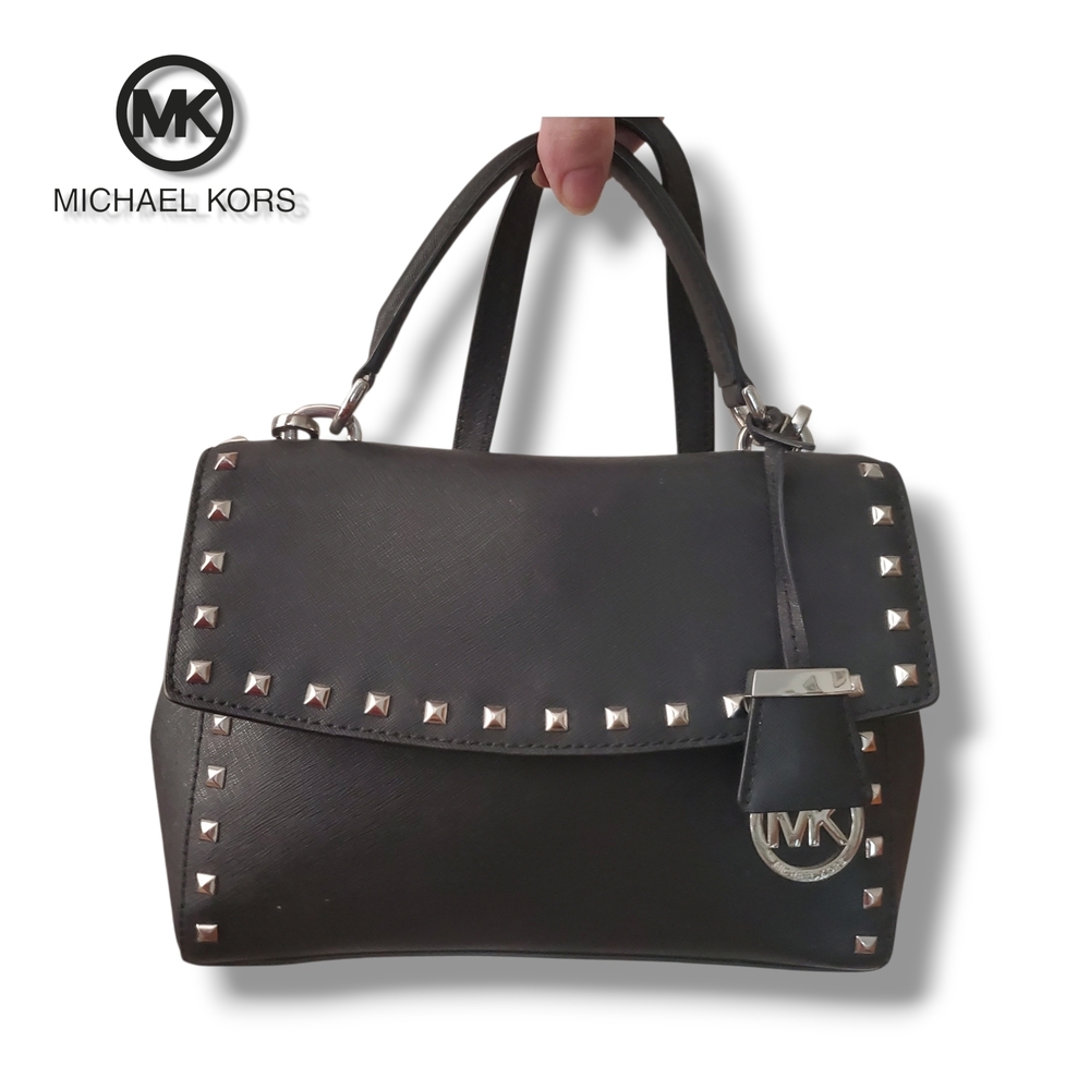Michael KORS Black Saffiano Leather Top Handle Silver Studded Crossbody Satchel